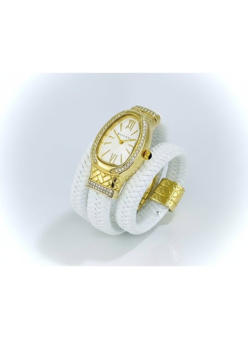 BVLGARI Serpenti White Leather Double-Wrap Watch with Diamond-Set Gold Case - Image 1